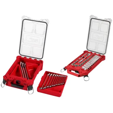 Milwaukee 48-22-9484-48-22-9481, bundle: SAE Combination Wrench Set and 3/8 in. Drive SAE Ratchet and Socket Mechanics Tool Set with Packout Case (43-Piece)