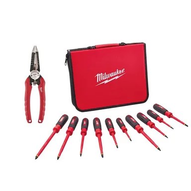 Milwaukee 48-22-2210-48-22-3079, bundle: 10-Piece 1000-Volt Insulated Screwdriver Set with Combination Electricians 6-in-1 Wire Strippers Pliers