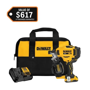 DeWalt DCN45RND1, kit: 20V MAX Lithium-Ion 15-Degree Electric Cordless Roofing Nailer Kit with 2.0Ah Battery Charger and Bag (photograph from the Home Depot listing)