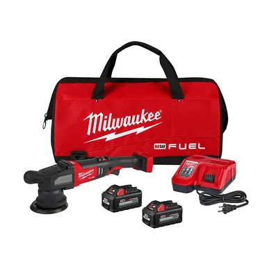 Milwaukee 2684-22HD, kit: M18 FUEL18V Lithium-Ion Brushless Cordless 15 mm DA Polisher Kit with (2) M18 Batteries, Charger and Bag (photograph from the Home Depot listing)