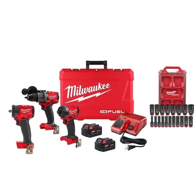 Milwaukee 3697-22-2854-20-49-66-6801, bundle: M18 FUEL 18-V Lithium-Ion Cordless Hammer Drill/Impact Driver Combo Kit (2-Tool) with 3/8 in. Impact Wrench & Socket Set