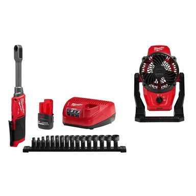 Milwaukee 3050-21-0820-20, bundle: M12 FUEL INSIDER 12V Lithium-Ion Brushless 3/8 in. & 1/4 in. Box Cordless Ratchet Kit w/ Battery, Charger, and Fan