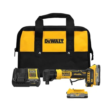 DeWalt DCG422E2, kit: ATOMIC 20V MAX Lithium-Ion Cordless Brushless Right Angle Die Grinder Kit w/ (2) XR 1.7 Ah Batteries, Charger and Kitbag (photograph from the Home Depot listing)