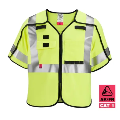 Milwaukee 48-73-5333, accessory: Arc-Rated/Flame-Resistant 2X-Large/3X-Large Yellow Woven Class 3 Breakaway High Vis Safety Vest w/10-Pockets and Sleeves (photograph from the Home Depot listing)