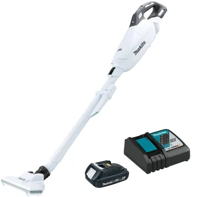 Makita XLC10R1W, kit: Makita XLC10R1W 18V LXT Lithium-ion Brushless Cordless 4-Speed Compact Stick Vacuum Kit, w/ Push Button and Dust Bag (2.0Ah)