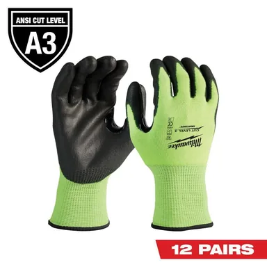 Milwaukee 48-73-8932B, accessory: Large High Visibility Level 3 Cut Resistant Polyurethane Dipped Work Gloves (12-Pack) (photograph from the Home Depot listing)
