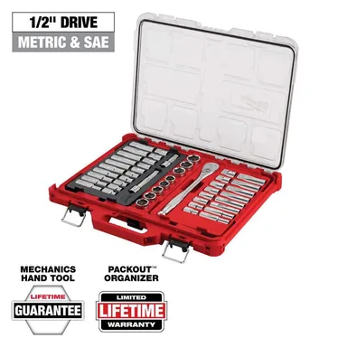 Milwaukee 48-22-9487, unpowered: 1/2 in. Drive SAE/Metric Ratchet and Socket Mechanics Tool Set with PACKOUT Case (47-Piece)