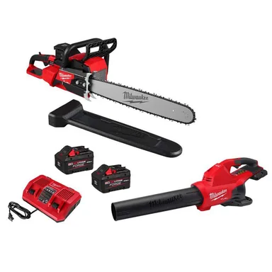 Milwaukee 2827-22-2824-20, bundle: M18 FUEL 18V Brushless Cordless 20 in. Dual Battery Chainsaw & Blower with (2) 8. 0Ah FORGE Batteries, Rapid Charger