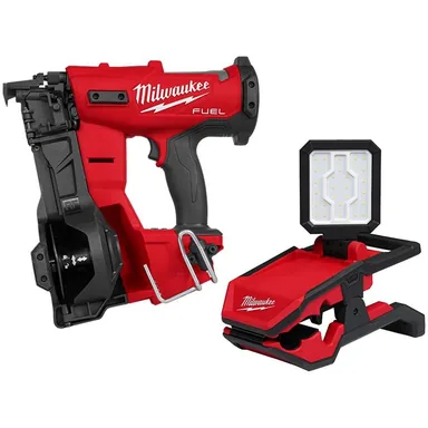 Milwaukee 2909-20-2358-20, bundle: M18 FUEL 18-Volt Lithium-Ion Brushless Cordless Coil Roofing Nailer w/ M18 Rover LED Clamping Flood Light
