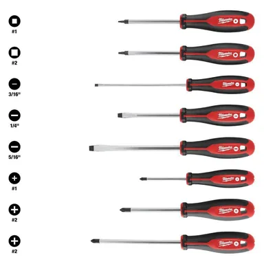 Milwaukee 48-22-2718, unpowered: Phillips/Flat Head/Square Hex Drive Screwdriver Set with Tri-Lobe Handle (8-Piece)