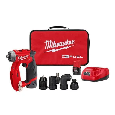 Milwaukee 2505-22, kit: M12 FUEL 12V Lithium-Ion Brushless Cordless 4-in-1 Installation 3/8 in. Drill Driver Kit with 4-Tool Heads (photograph from the Home Depot listing)