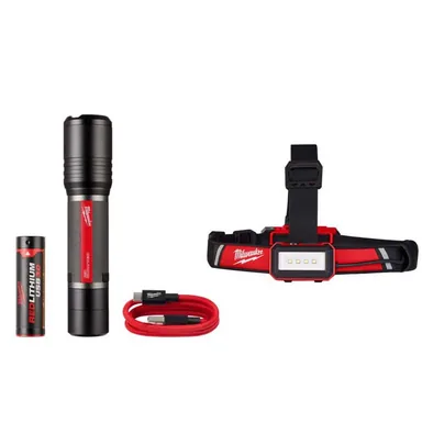 Milwaukee 2162-21-2115-21, bundle: 2,000 Lumens REDLITHIUM USB Slide Focus Flashlight and 600 Lumens LED REDLITHIUM USB Low-Profile Hard Hat Headlamp