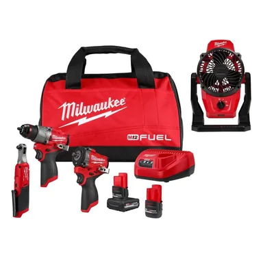 Milwaukee 3424-23-0820-20, bundle: M12 FUEL 12V Lithium-Ion Cordless Drill Driver, Impact Wrench, and Ratchet Combo Kit w/Batteries, Charger, Bag, & Fan