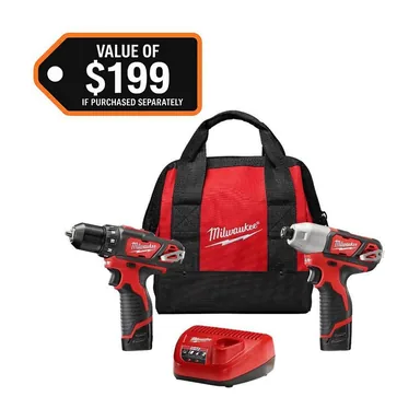 Milwaukee 2494-22, kit: M12 12V Lithium-Ion Cordless Drill Driver/Impact Driver Combo Kit with Two 1.5Ah Batteries, Charger and Bag (2-Tool) (photograph from the Home Depot listing)