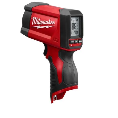 Milwaukee 2278-20, bare tool: M12 Lithium-Ion Laser Temperature Gun Infrared 12:1 Thermometer (NIST) (Tool-Only) (photograph from the Home Depot listing)