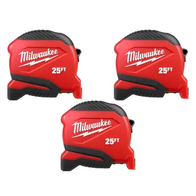 Milwaukee 48-22-1725-X3, unpowered: Compact 25 ft. Tape Measure with Fractional Scale (3-Pack)