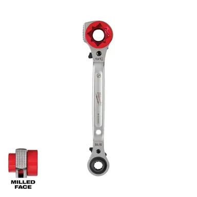 Milwaukee 48-22-9216M, unpowered: Lineman's 5 in1 Ratcheting Wrench with Milled Strike Face (photograph from the Home Depot listing)