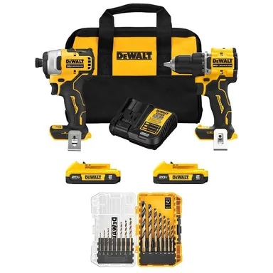 DeWalt DCK225D2WWA1195, bundle: ATOMIC 20V MAX Lithium-Ion Cordless Combo Kit (2-Tool) and Drill Bit Set (15-Piece) with (2) 2Ah Batteries and Charger
