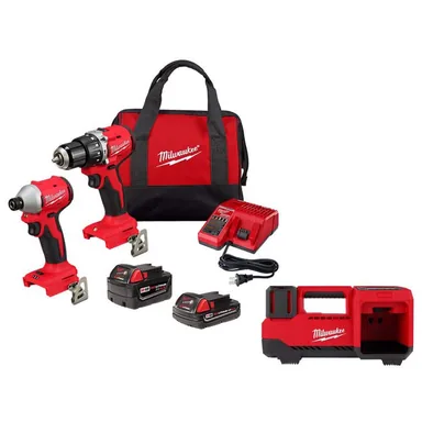 Milwaukee 3693-22CX-2848-20, bundle: M18 18-Volt Lith-Ion Brushless Cordless Compact Hammer Drill/Impact Combo Kit w/2 Batteries & M18 Portable Inflator