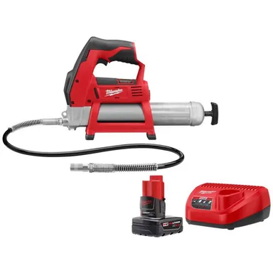 Milwaukee 2446-20-48-59-2440, bundle: M12 12V Lithium-Ion Cordless Grease Gun with XC Battery Pack 4.0 Ah and Charger Starter Kit