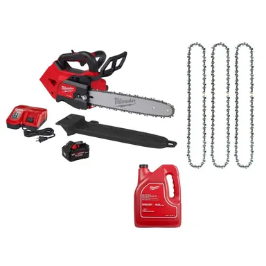 Milwaukee 2826-21T-49-16-2819-49-16-2838, bundle: M18 FUEL 14 in. Brushless Battery Top Handle Chainsaw Kit w/ 14. Chainsaw Chain (3 Pack), 1 Gallon Bar & Chain Oil
