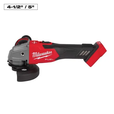 Milwaukee 2881-20, bare tool: M18 FUEL 18V Lithium-Ion Brushless Cordless 4-1/2 in./5 in. Grinder with Slide Switch (Tool-Only) (photograph from the Home Depot listing)