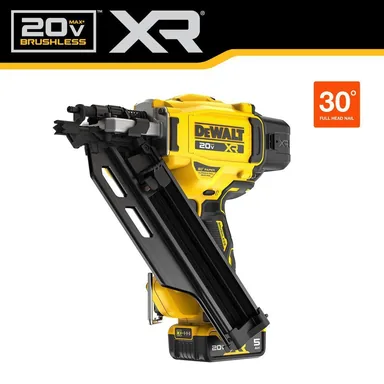 DeWalt DCN930P1, kit: 20-Volt 30° Cordless Framing Nailer Kit with 5.0 Ah Lithium-Ion Battery and Charger (photograph from the Home Depot listing)