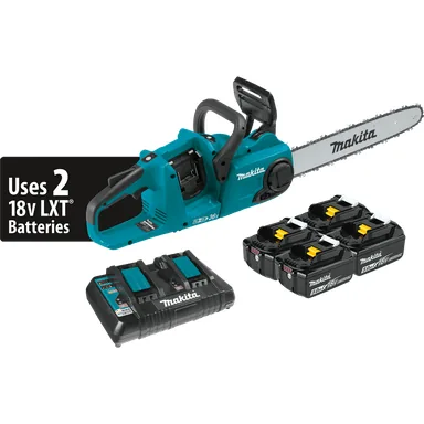 Makita XCU04PT1, kit: Makita XCU04PT1 18V X2 36V 16" Cordless Brushless Chainsaw Kit w/ 4 Batteries