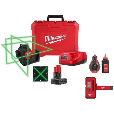 Milwaukee 3632-21-48-22-3986-48-35-1211, bundle: M12 250 ft. Green 3-Plane Laser, 100 ft. Red Chalk Reel, 165 ft. Laser Detector