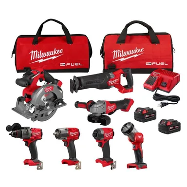 Milwaukee 3697-27, kit: M18 FUEL 18V Lithium-Ion Brushless Cordless Combo Kit with Two 5.0 Ah Batteries, 1 Charger, 2 Tool Bags (7-Tool)