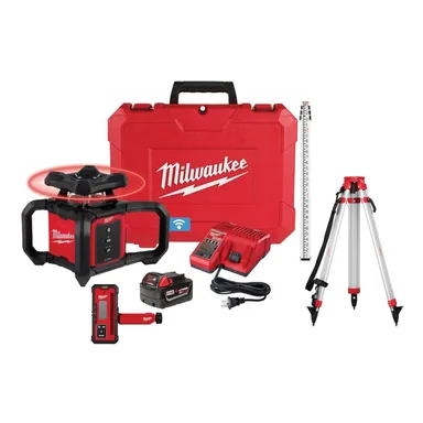 Milwaukee 3701-21T, kit: M18 2000 ft. Red Exterior Rotary Laser Level Kit with Receiver, Receiver Clamp, Tripod, and Grade Rod