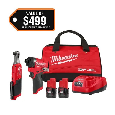 Milwaukee 3453-22HSR, kit: M12 FUEL 12V Lithium-Ion Cordless 3/8 in. Ratchet and 1/4 in. Impact Driver Kit (2-Tool) w/Batteries, Charger & Bag