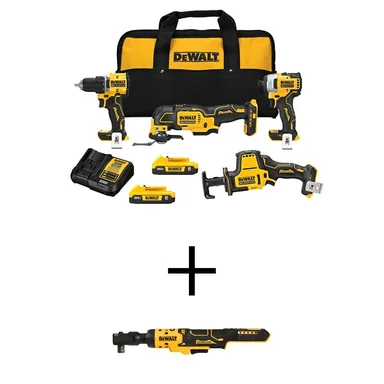 DeWalt DCK486D2WCF512B, bundle: ATOMIC 20V Lithium-Ion Cordless Brushless Combo Kit 4-Tool and ATOMIC 1/2 in. Ratchet with (2) 2Ah Batteries and Charger