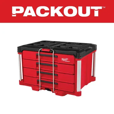 Milwaukee 48-22-8444, accessory: PACKOUT 22 in. Modular 4-Drawer Tool Box with Metal Reinforced Corners and 50 lbs. Capacity (photograph from the Home Depot listing)