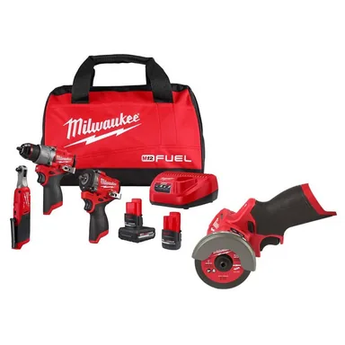 Milwaukee 3424-23-2522-20, bundle: M12 FUEL 12V Lithium-Ion Cordless Drill Driver, Impact Wrench, and Ratchet Combo Kit (4-Tool) w/Batteries, Charger & Bag