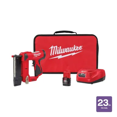 Milwaukee 2540-21, kit: M12 12-Volt 23-Gauge Lithium-Ion Cordless Pin Nailer Kit with 1.5 Ah Battery, Charger and Tool Bag (photograph from the Home Depot listing)