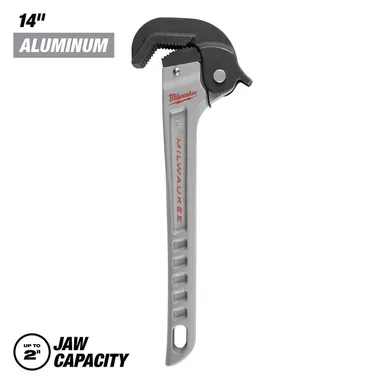 Milwaukee 48-22-7414, unpowered: 14 in. Self-Adjusting Aluminum Pipe Wrench (photograph from the Home Depot listing)