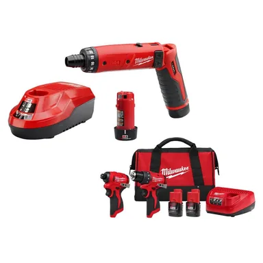 Milwaukee 2101-22-3494-22, bundle: M4 4V Lithium-Ion Cordless 1/4 in. Hex Screwdriver 2-Battery Kit, &Drill Impact Driver Kit