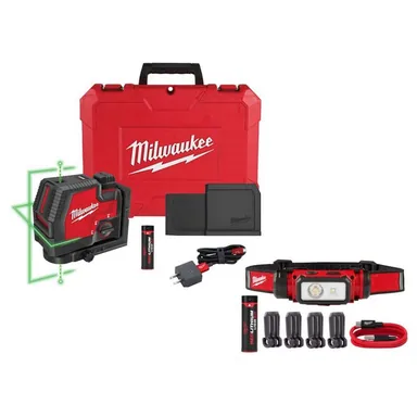 Milwaukee 3522-21-2163-21, bundle: Green 100 ft. Cross Line & Plumb Points Rechargeable Laser Level with REDLITHIUM USB Battery, Charger, and LED Headlamp