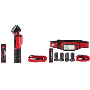 Milwaukee 2113-21-2163-21, bundle: 500 Lumens LED Pivoting REDLITHIUM USB Flashlight and 600 Lumens LED REDLITHIUM Hard Hat Headlamp (2-Pack)