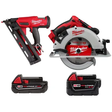 Milwaukee 2839-20-48-11-1820-2631-20-48-11-1850, bundle: M18 Brushless 15-Gauge Finish Nailer, Cordless 7-1/4 in. Circular Saw, M18 2.0 Ah Battery, M18 5.0 Ah XC Battery