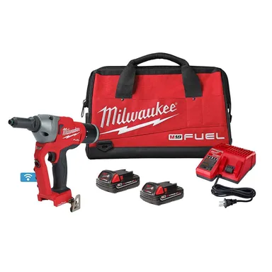 Milwaukee 2660-22CT, kit: M18 FUEL ONE-KEY 18-Volt Lithium-Ion Cordless Rivet Tool Kit with (2) 2.0Ah Batteries (photograph from the Home Depot listing)