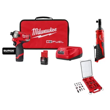 Milwaukee 2551-22-2457-20-48-32-4082, bundle: M12 FUEL SURGE 12V 1/4 in. Hex Impact Kit w/ (2) 2. 0Ah Batteries, Bag with M12 3/8 in. Ratchet with 100-Pc PACKOUT Set