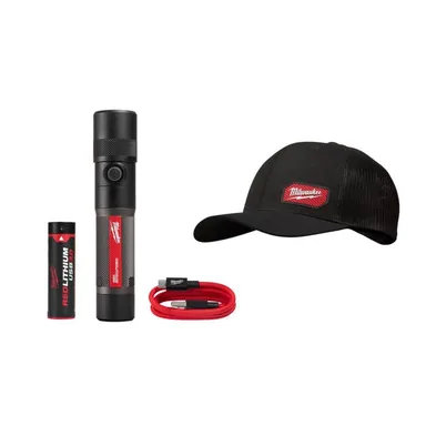 Milwaukee 2161-21-505B, bundle: 1100 Lumens LED USB Rechargeable Twist Focus Flashlight with Gridiron Black Adjustable Fit Trucker Hat