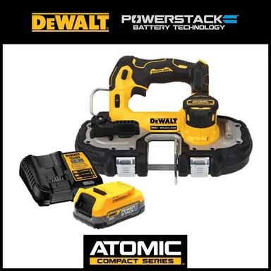 DeWalt DCS377BWP034C, bundle: ATOMIC 20V MAX Cordless Brushless Compact 1-3/4 in. Bandsaw and 20V POWERSTACK Compact Battery Starter Kit