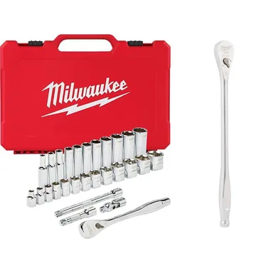 Milwaukee 48-22-9408-48-22-9037, bundle: 3/8 in. Drive SAE Ratchet and Socket Mechanics Tool Set with 3/8 in. Drive 90-Tooth 12 in. Extended Ratchet (29-Piece)