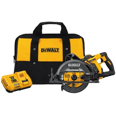 DeWalt DCS577X1, kit: FLEXVOLT 60V MAX 7-1/4 in. Cordless Worm Drive Style Saw with 9.0Ah Battery Kit (photograph from the Home Depot listing)