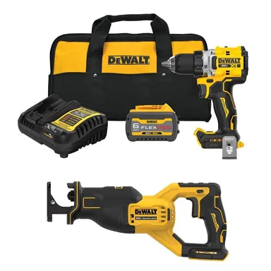 DeWalt DCD801T1WCS382B, bundle: 20V MAX XR Lithium-Ion Brushless Cordless 1/2 in. Drill/Driver Kit and Recip Saw w/ 6 Ah FLEXVOLT Battery, Charger & Bag
