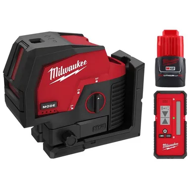 Milwaukee 3622-20-48-11-2420-48-35-1211, bundle: M12 12-Volt Lithium-Ion Cordless Green 125 ft. Cross Line & Plumb Points Laser Level w/ Detector & M12 2.0 Ah Battery
