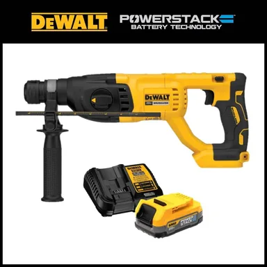 DeWalt DCH133BWP034C, bundle: 20V MAX Cordless Brushless 1 in. SDS Plus D-Handle Rotary Hammer and 20V POWERSTACK Battery Starter Kit